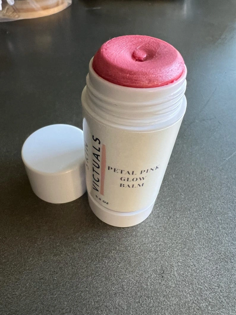 Petal Pink glow balm, dewy no make up makeup look, organic antioxidant rich oils, clean skincare, moisturizing makeup, eco friendly gift.